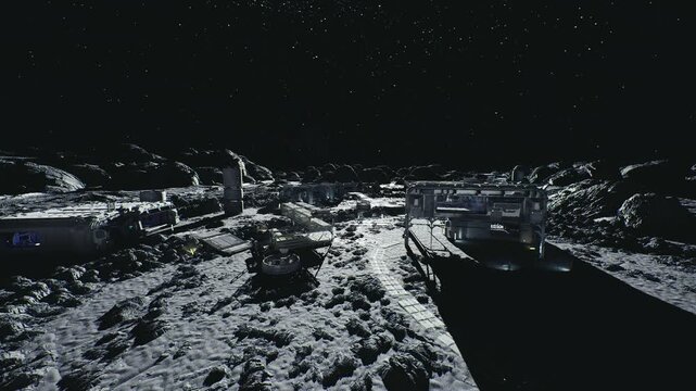 Moon research hub with observatory domes and instrument arrays, bright sensor clusters, sample collection zones and data terminals highlighting scientific