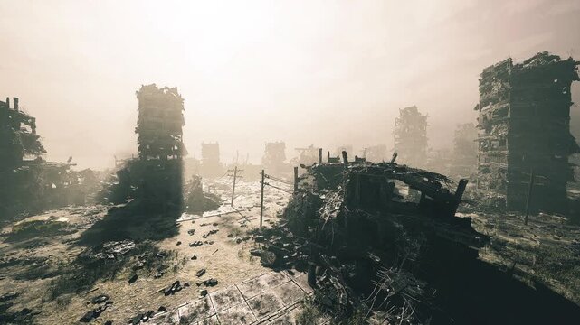 sunlit ruined towers overgrown landscape, abandoned outpost silhouette amid debris, soft fog filtering warm light, tall concrete shells covered with moss