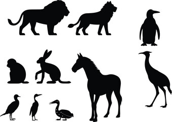Obraz premium Animal silhouettes collection featuring lion wolf penguin donkey rabbit birds vector illustration set isolated on white background for design