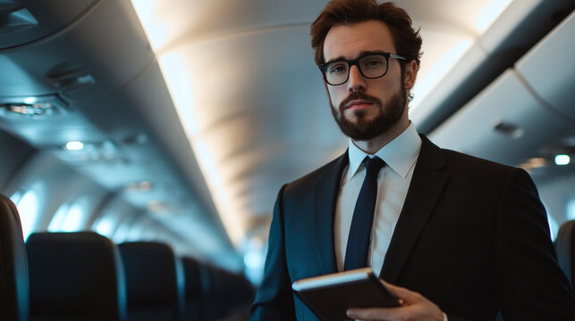 man in a suit standing in the plane holding his ledger