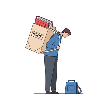 Student burdened with heavy books, carrying large backpack and separate bag