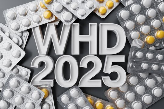 A collection of various pills and capsules in blister packs with WHD 2025 text