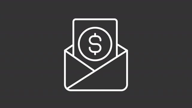 Animated payslip white line icon. Envelope with dollar animation. Official record of payment. Employers document on payday. Salary. Isolated element on dark background. Alpha transparent video