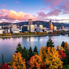 Fototapeta premium City skyline reflecting in river at dusk, with colorful autumn foliage