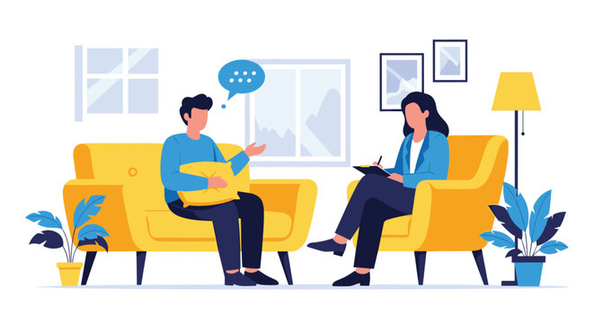 Professional female therapist listening and taking notes while a young man talks about his feelings on a yellow sofa.