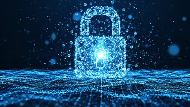 Digital Security Concept Glowing Blue Lock Symbol Formed by Particles Over Abstract Wavey Network Background Glowing Brightly