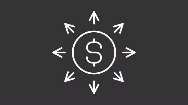 Animated money management white line icon. Coin with different directions arrows animation. Crowdfunding process. Investment strategy. Isolated element on dark background. Alpha transparent video