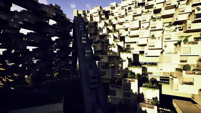 Sunlit modular facade with deep shadows and sharp repetition, balcony gardens and stair recesses create rhythm, architect photographing materiality and human