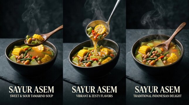 Delicious Sayur Asem Soup with Fresh Vegetables in Bowls.