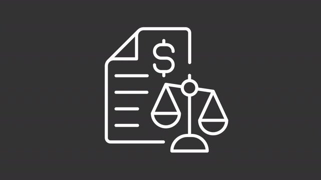 Animated balance sheet white line icon. Financial accounting documents animation. Statement of assets and liabilities. Business law. Isolated element on dark background. Alpha transparent video
