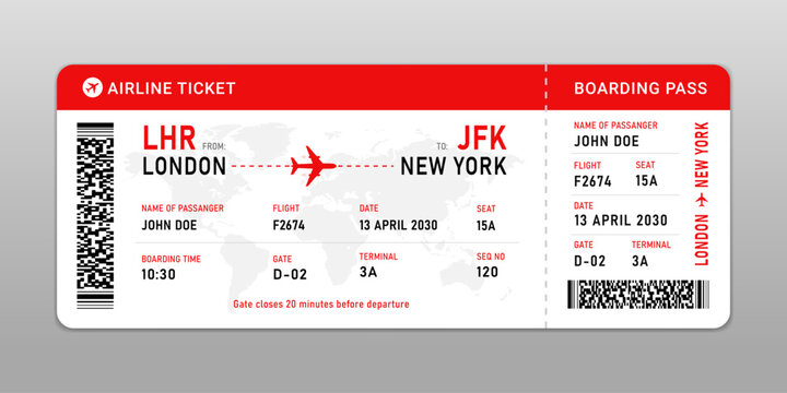 Airline boarding pass ticket template. Flight pass graphic illustration for Travel agency and Business trip concept. New york, Hong kong
