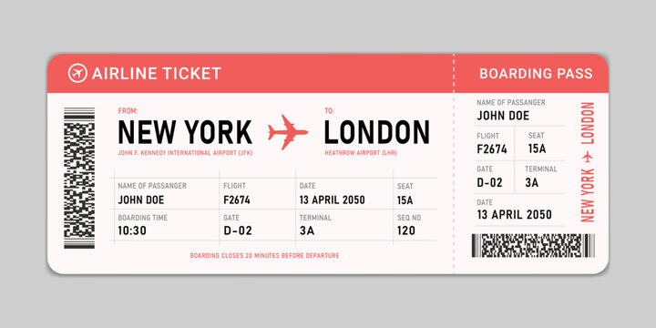 Boarding pass. Airline ticket boarding pass isolated on white background. Editable flight ticket design