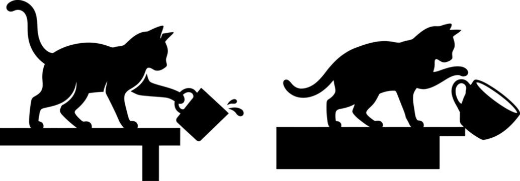 A pair of black cat silhouettes demonstrating their mischievous habit of knocking mugs off tables