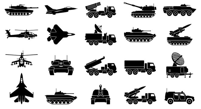 Military vehicle silhouettes set, 20 army equipment icons including tanks and jets, black war machine vector collection for tactical infographics
