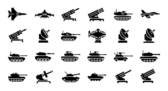Military vehicle icons set, black silhouette army equipment collection, 24 vector war machine symbols, armored tanks and fighter jet graphics