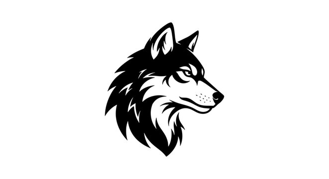 Wolf head mascot vector illustration, black and white timber wolf profile, predatory animal logo design, fierce husky or coyote head icon