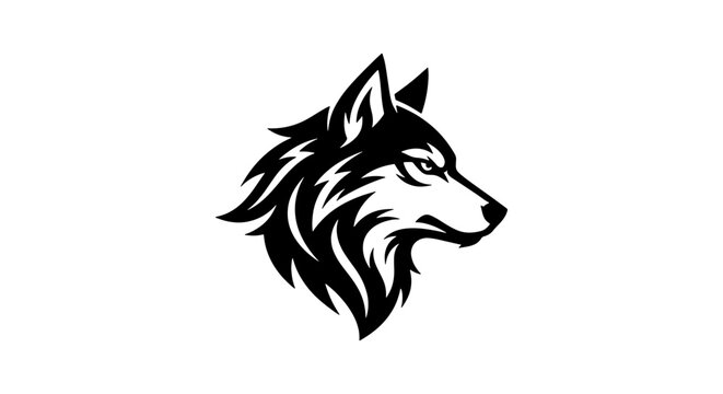 Stylized wolf head vector logo, black and white timber wolf profile mascot, fierce wild animal head illustration for sports branding and apparel