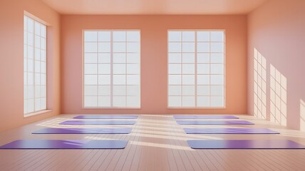 Obraz premium Serene yoga studio with purple mats in a peach colored room with large windows and natural light