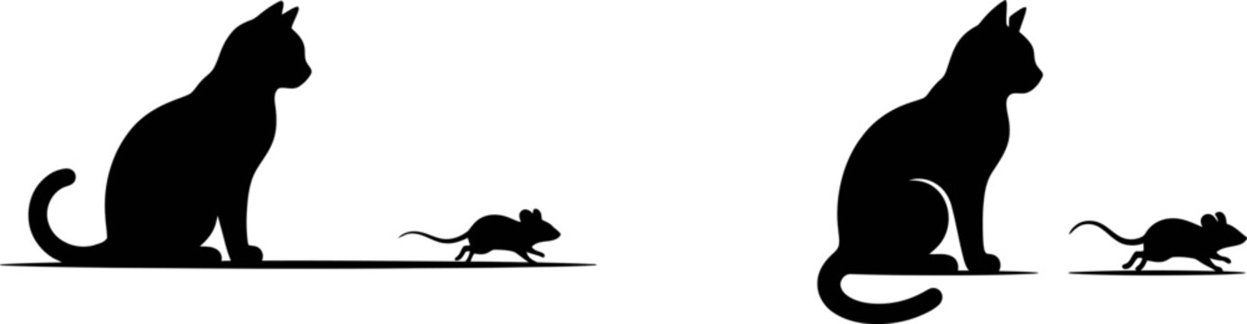 Black silhouettes of two cats sitting still while watching small mice running across the floor