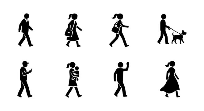 Minimalist walking people silhouettes, set of 8 pedestrian stick figure icons, black human figures in motion for urban wayfinding and signage