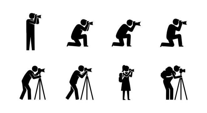 Photographer silhouette icon set, professional camera operator pictograms, 8 vector elements of people taking photos with tripod and DSLR