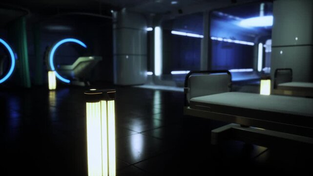 Blue lit recovery pod inside clinic with sterile floor reflections, glowing diagnostic rings, empty reclining bed and illuminated pillars, cool clinical