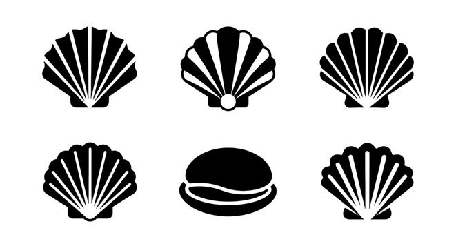 Minimalist seashell icon set, black scallop shell vector silhouettes, collection of 6 nautical sea shell symbols for marine branding and logo design