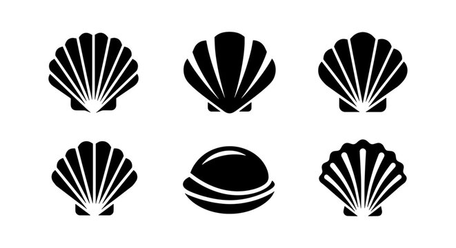 Minimalist seashell icon set, black scallop shell vector silhouettes, collection of 6 nautical sea shell symbols for marine branding and beach decor