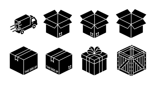 Isometric delivery box icons set, black shipping cardboard boxes and delivery truck vector, logistics and packaging symbols for e-commerce
