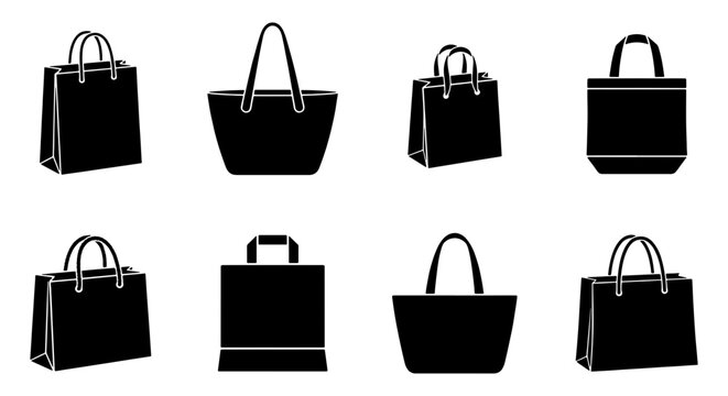 Black shopping bag icons set, collection of 8 vector fashion tote bag silhouettes, reusable grocery bag and luxury paper bag mockups