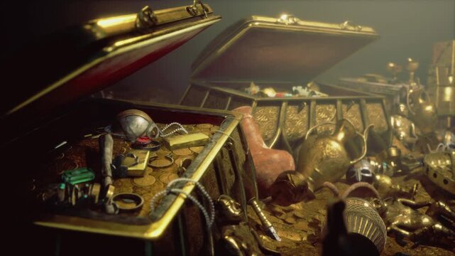 Open chest spilling coins and jewels moonlit deck ambience suggests recent skirmish tricorn boot and lantern lie among scattered plunder and rope, hinting