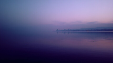 Obraz premium Mysterious city skyline silhouette shrouded in purple morning mist with water reflection