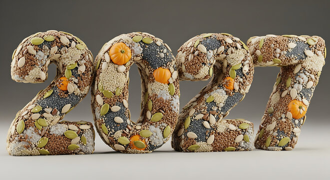 Bread-based 2027 decoration with seeds and grains year