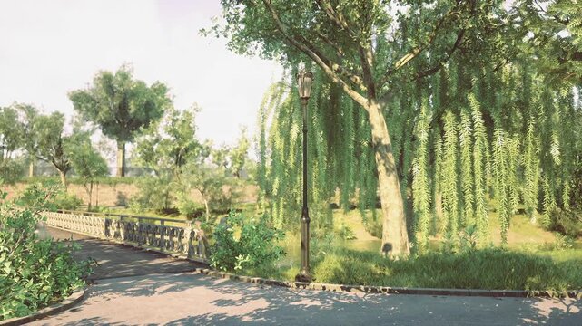 Weeping willow beside tranquil stream, bench overlooking gentle current, soft grass and wildflowers, warm haze suggesting relaxed picnic or intimate outdoor