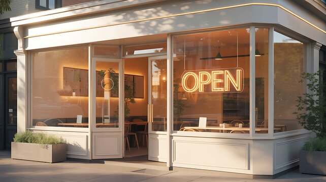 Modern retail storefront with open sign cozy boutique shop exterior and small business concept