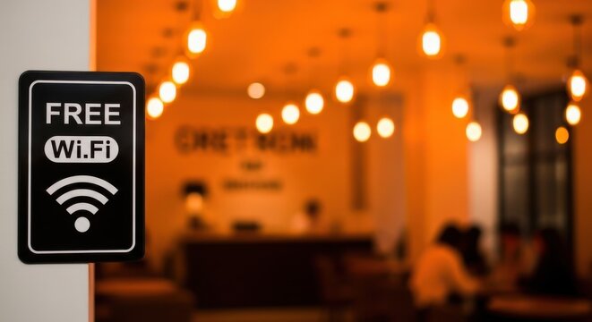Free Wi-Fi sign on wall, wireless internet access in modern cafe, public hotspot symbol in cozy restaurant interior with bokeh lights