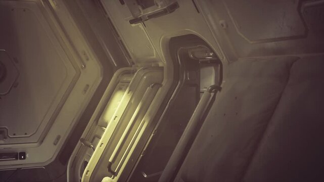 Moody spacecraft ceiling with angled beams and exposed conduits, soft lamp casting long shadows across scuffed metal panels scene implies postevacuation damage