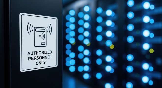 Authorized Personnel Only security sign in data center, secure server room access control, high-tech cybersecurity and restricted area protection