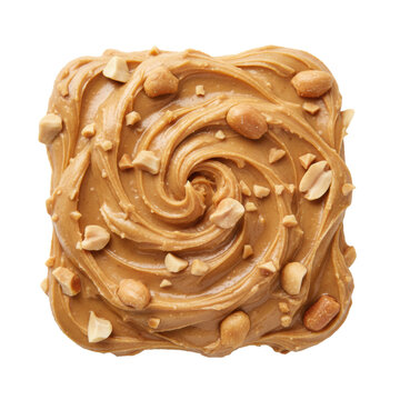 Viscous, thick swirl of creamy, chunky peanut butter with defined ridges and embedded roasted pieces, top-down against a transparent background, bright diffuse lighting, highly appetizing food art