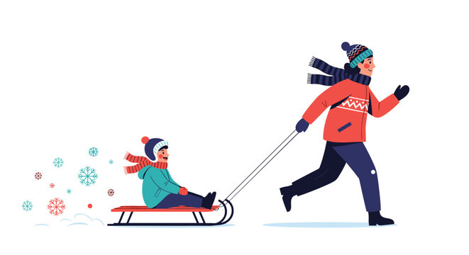 Happy man in winter clothing pulls a small child on a sled through a snowy landscape filled with colorful falling snowflakes.