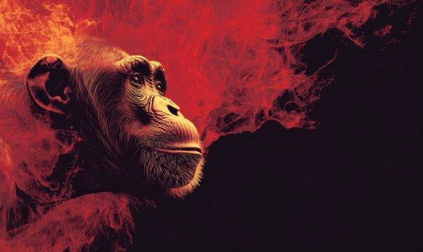 Intense Portrait of a Monkey Surrounded by Fiery Red Background