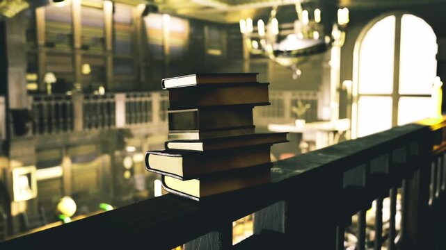 Closeup vintage books stacked on wooden railing with warm rimlight and shallow focus, textured covers and aged pages emphasize tactile archive feel