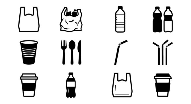 Single use plastic icons set, black and white disposable waste vector elements, plastic pollution symbols for environmental awareness and recycling