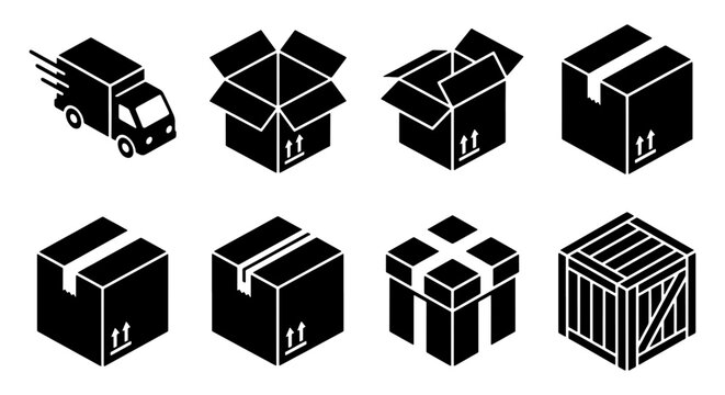 Isometric logistics icons set, black delivery truck and cardboard boxes, 8 shipping and packaging vector elements for warehouse and transport