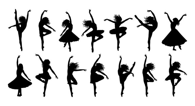 Graceful ballet dancer silhouettes set, 14 black ballerina vector elements, elegant female dancing figures in motion, contemporary dance poses