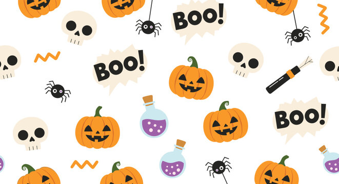 Spooky seamless Halloween background with skulls, spiders, pumpkins, magic potions, and speech bubbles saying the word Boo.
