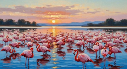 Fototapeta premium Flamingos at sunset