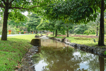 Fototapeta premium Small canal flowing through a lush green park with trees and tropical landscape creating a calm natural outdoor scene with reflection and copy space