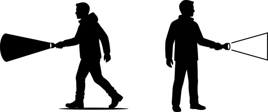 Black silhouette illustrations of two men holding flashlights and searching in the dark area