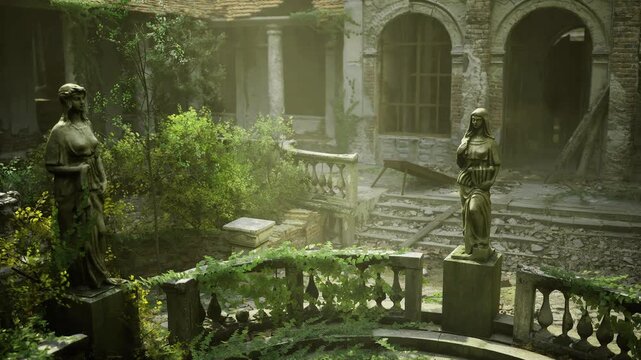 Secluded ivy covered terrace with statues, warm filtered light, stone balustrade entwined with vines, gentle foliage framing intimate historic scene.